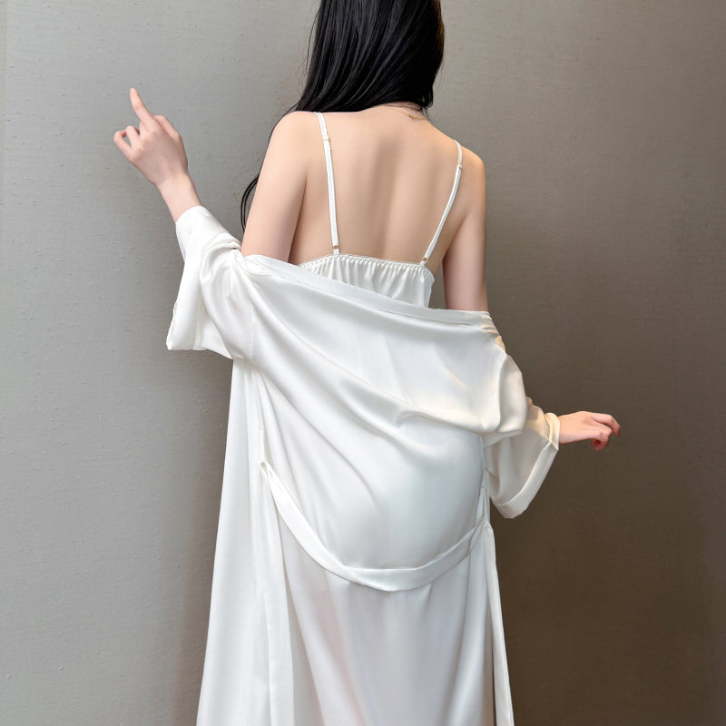 Satin Slip Dress V Neck Cami Nightgown with Front Keyhole and Side Slit