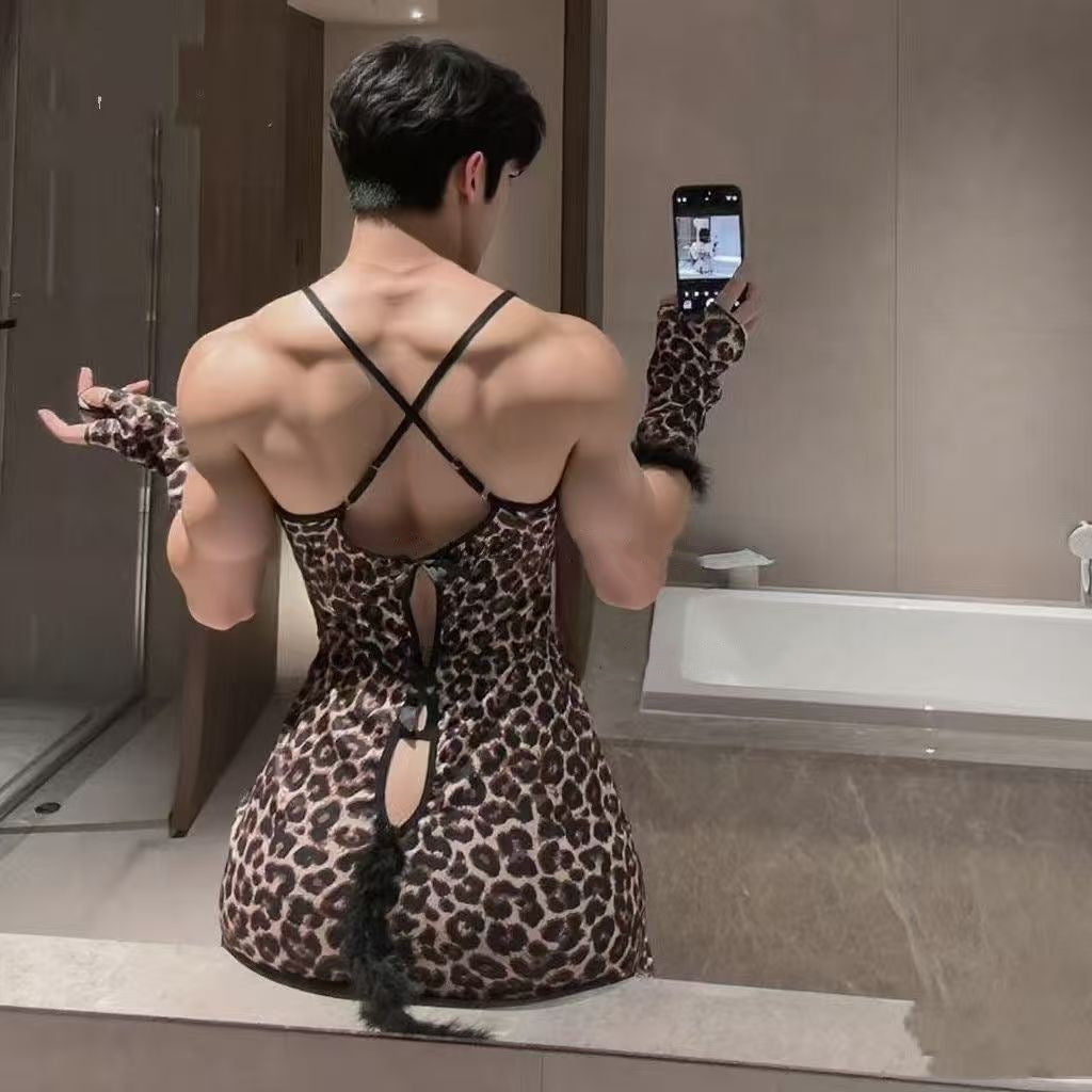 Men's Leopard Print Satin Lace Slip Dress