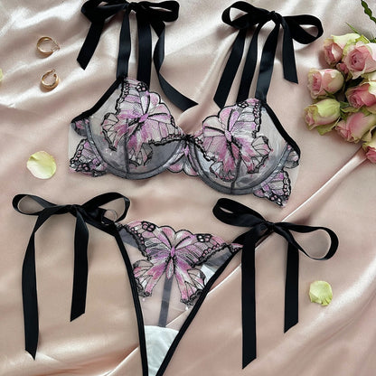 Butterfly Mesh Embroidery See-through Sexy Lingerie Set