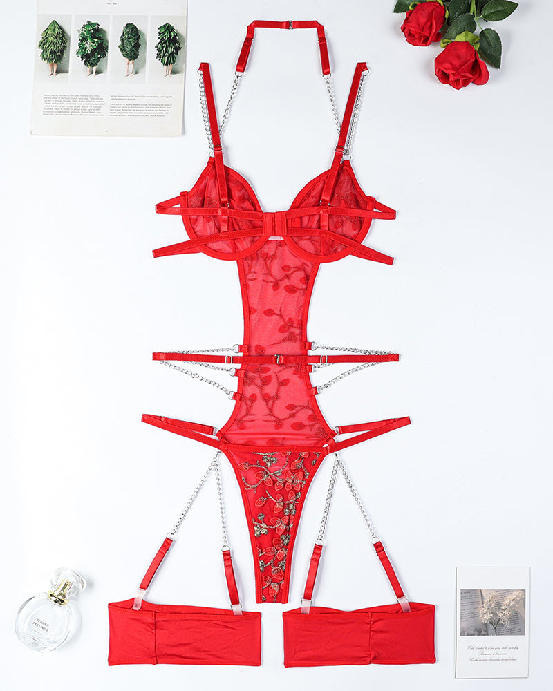 Lace Embroidered Chain Bodysuits