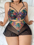 Plus Size Mesh Flower Color Embroidery Sexy Lingerie
