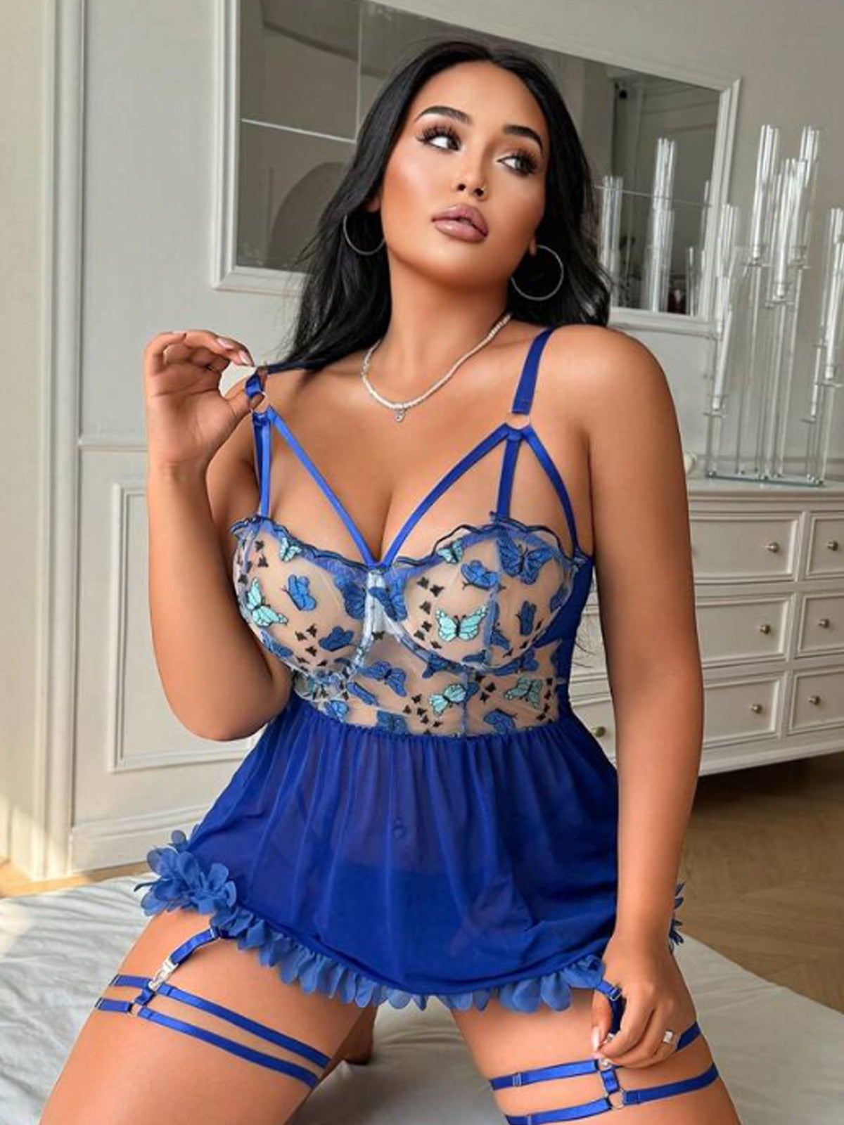 Plus Size Butterfly Embroidered Lace Sheer Dress