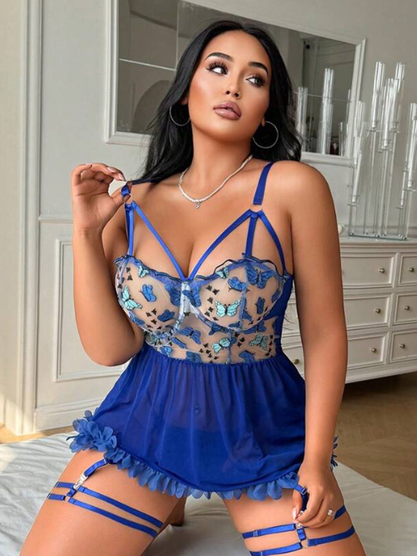 Plus Size Butterfly Embroidered Lace Sheer Dress