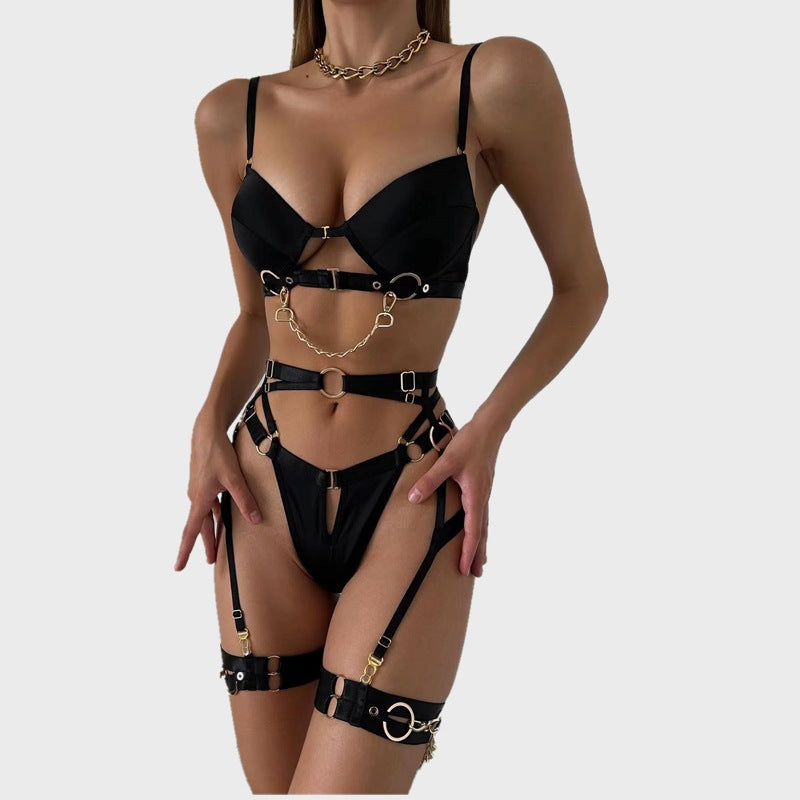 Satin Harness Lingerie Set Underwire Bra Garter Belt with O-Ring Chains and Leg Cuffs