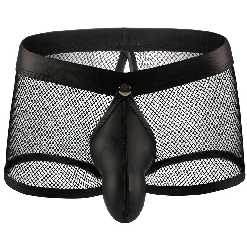 Men's Neon Mesh Boxer Briefs PU Leather Trim Pouch Low Rise Underwear