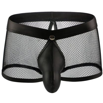 Men's Neon Mesh Boxer Briefs PU Leather Trim Pouch Low Rise Underwear