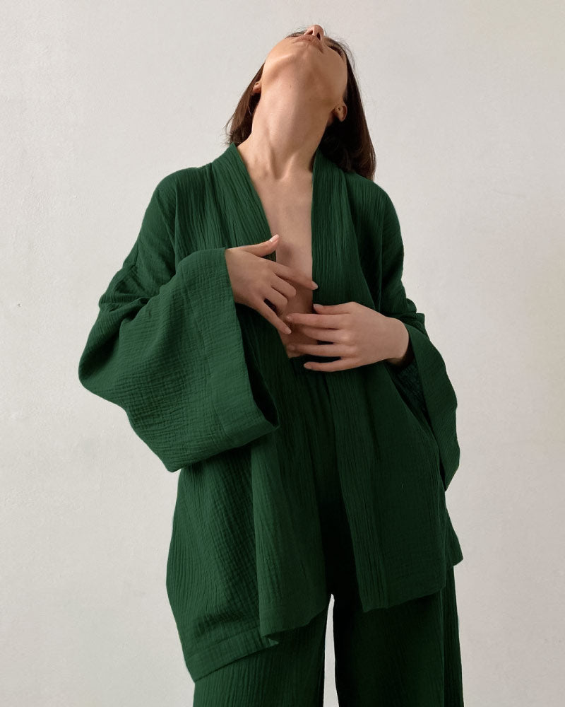 Loose-fit Line Gauze Pajama Bathrobe Set
