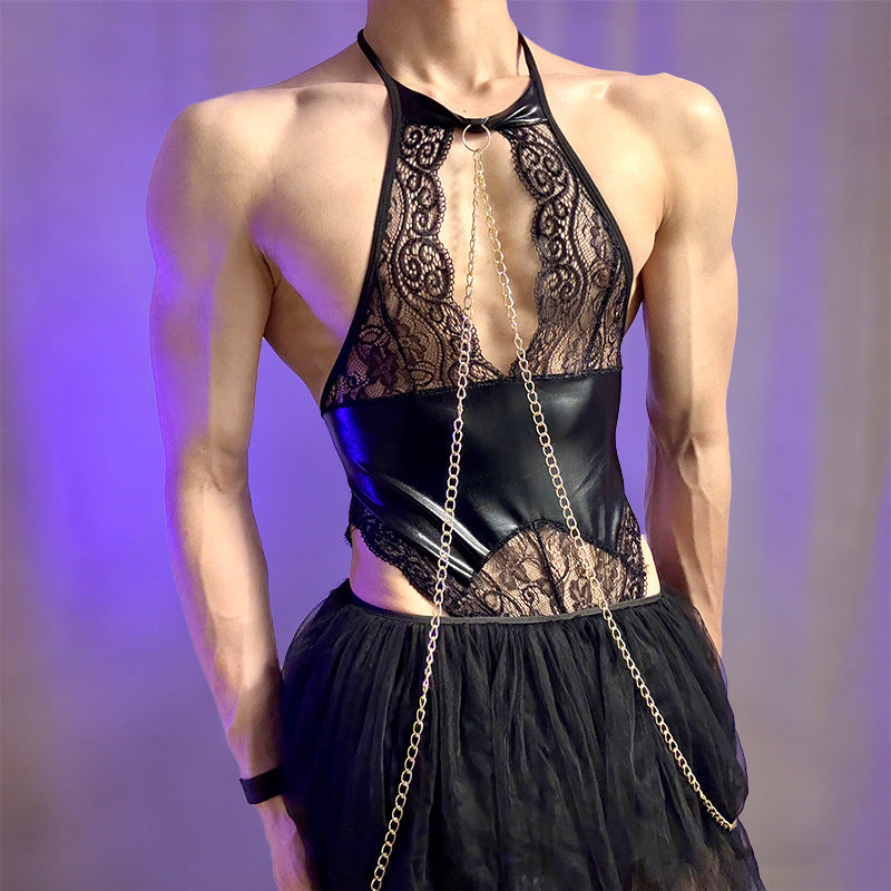 Men's Halter PU Leather & Lace Bodysuit with Metal Chain