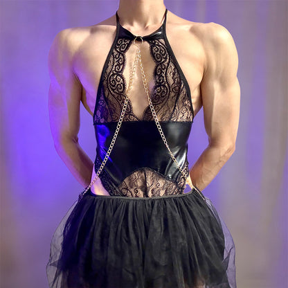 Men's Halter PU Leather & Lace Bodysuit with Metal Chain
