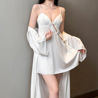 Satin Slip Dress V Neck Cami Nightgown with Front Keyhole and Side Slit