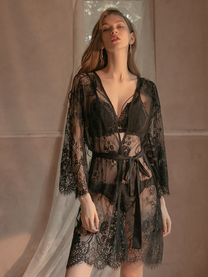 Sheer Lace Satin Underwear & Robe Set