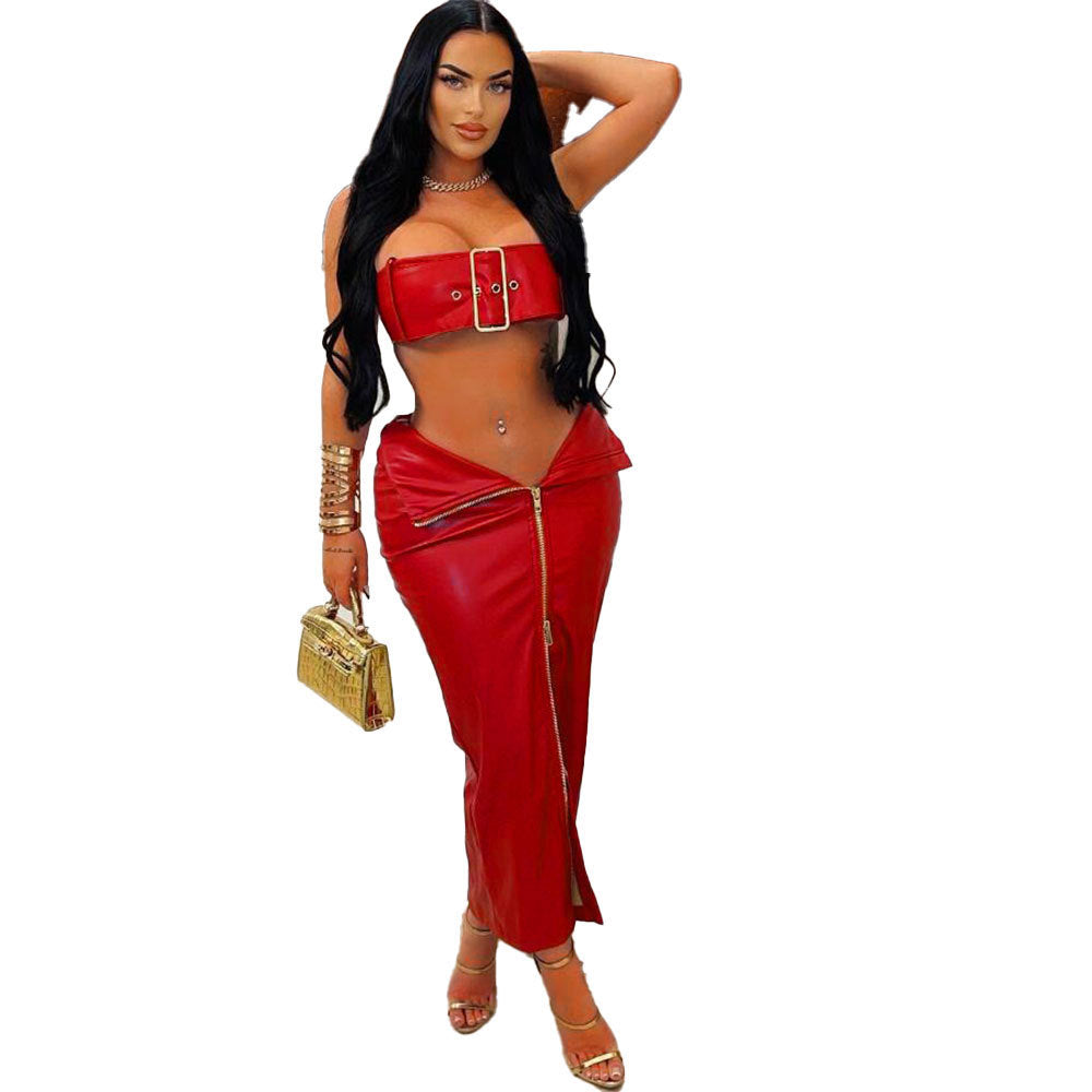 Sexy 2-Piece Dress Set PU Leather Metal Buckle-Embellished Crop Top Split Package Hip Skirt