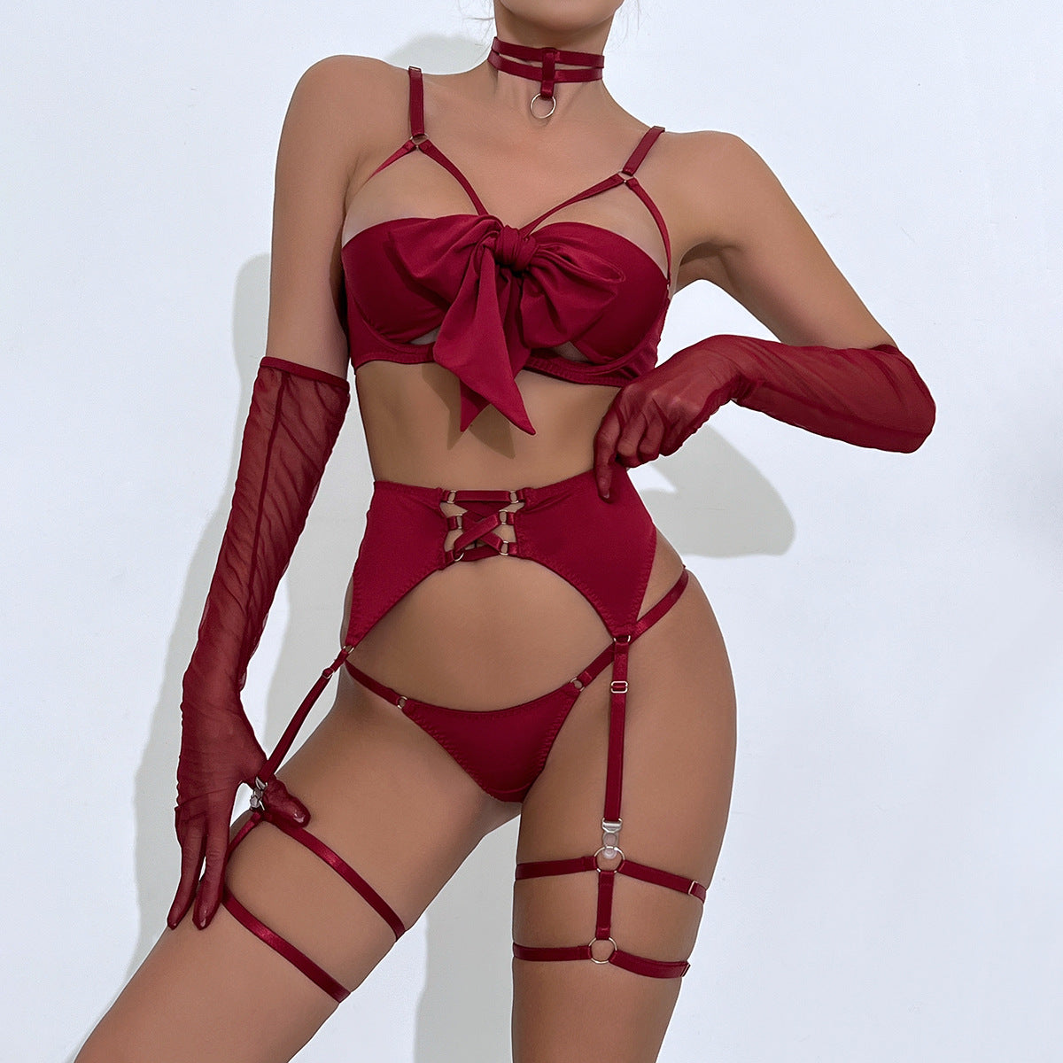 Bow Knot Bra Strappy Garter Belt Choker & Mesh Gloves Sexy Role Play Lace Set