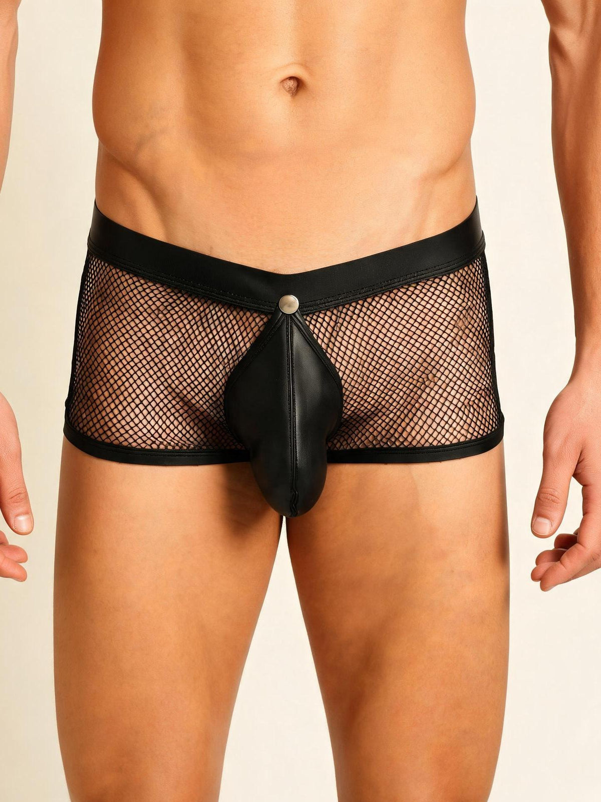 Men's Neon Mesh Boxer Briefs PU Leather Trim Pouch Low Rise Underwear