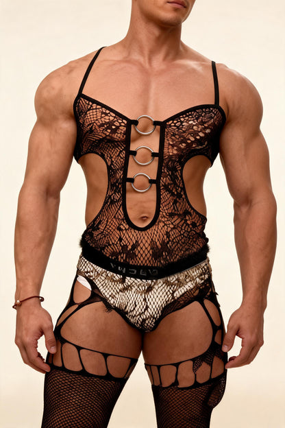 Men's Black Lace Mesh Bodysuit with Panel Metal O-Rings Cutout Suspender