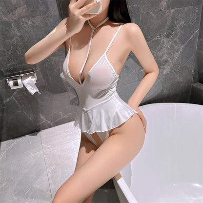 Deep V Halter Neck Open Crotch Sexy Bodysuit