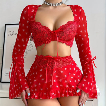 Red Love Heart Flowers Lace Bra Skirt T-Back Three-Piece Set
