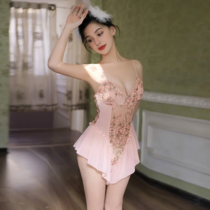 Deep V-neck Floral Embroidered Open-crotch Bodysuit
