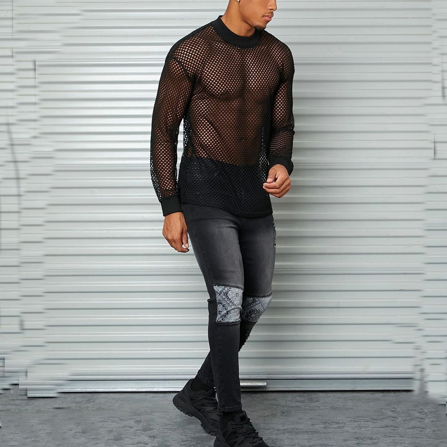 Men's Long Sleeve Fishnet Mesh Top