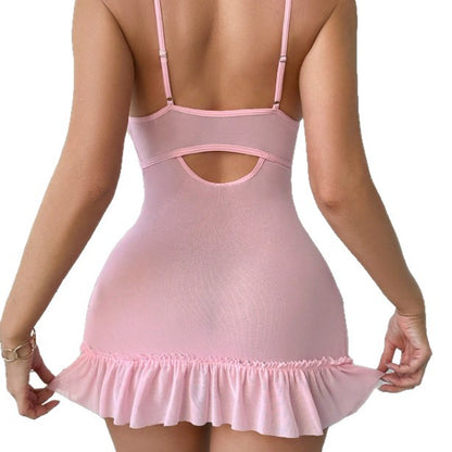 Sheer Mesh Chemise with Red Lips Embroidery and Strappy Details