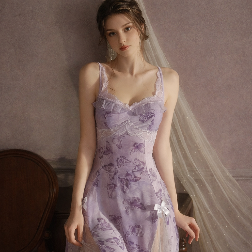 Butterfly Print Silk Nightgown & Robe