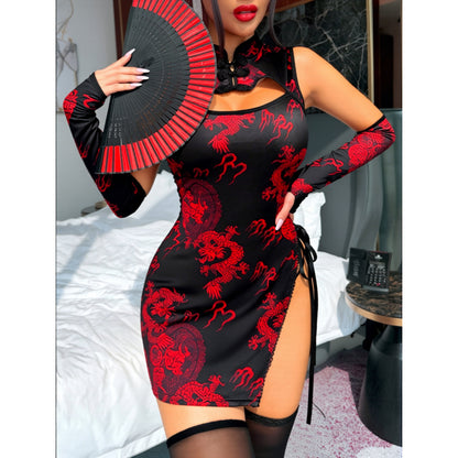 Red Dragon Print Cheongsam Dress with Side Tie