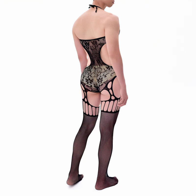 Men's Black Lace Mesh Bodysuit with Panel Metal O-Rings Cutout Suspender