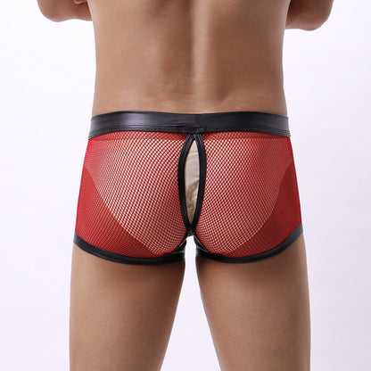 Men's Neon Mesh Boxer Briefs PU Leather Trim Pouch Low Rise Underwear