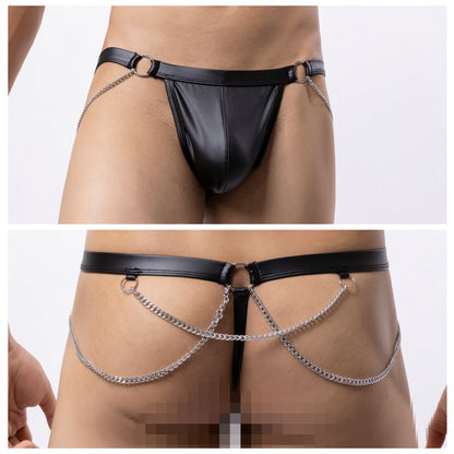 Men's Faux Leather Jockstrap with Chain O-Ring Sexy Lingerie