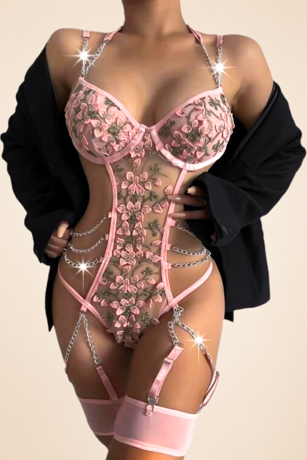 Sheer Mesh Metal Chain & Garter Belt Embroidered Corset Lingerie Set