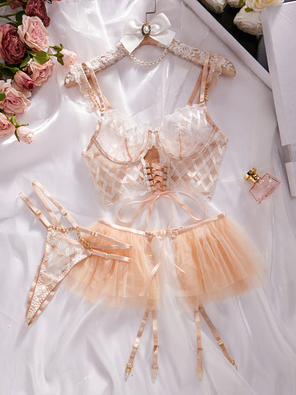 Floral Diamond Quilted Embroidery Sexy Strappy Mesh Tutu Dress Lingerie Sets For Women Sexy