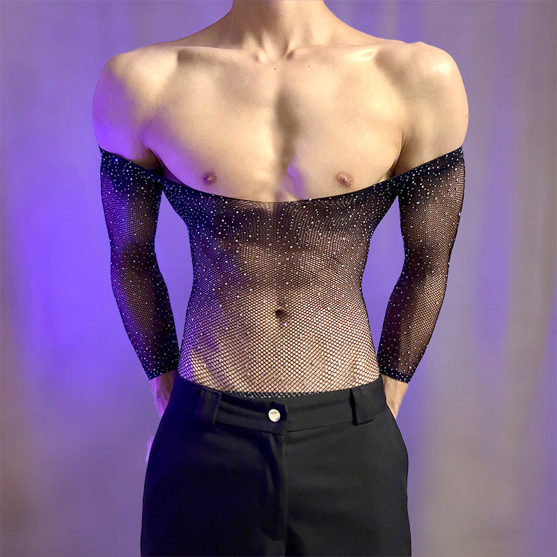 Men's Off-Shoulder Fishnet Bodysuit