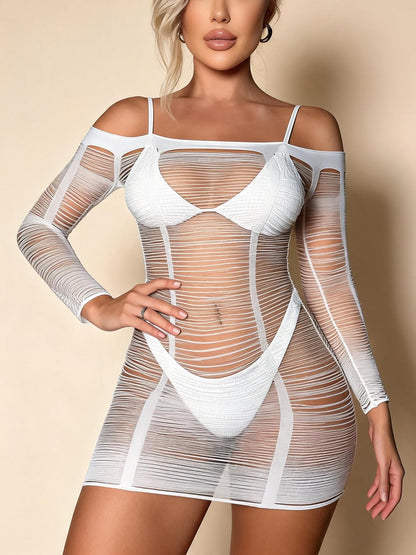 Fishnet Bodysuit Long Sleeve Off Shoulder Cutout Lingerie