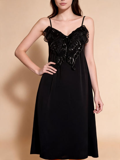 Satin Slip Dress V-Neck Lace Trim Cami Nightgown