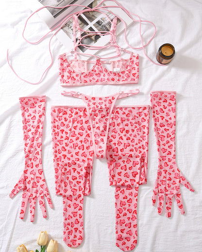 Leopard Mesh Gloves and Leg Socks Lingerie Set