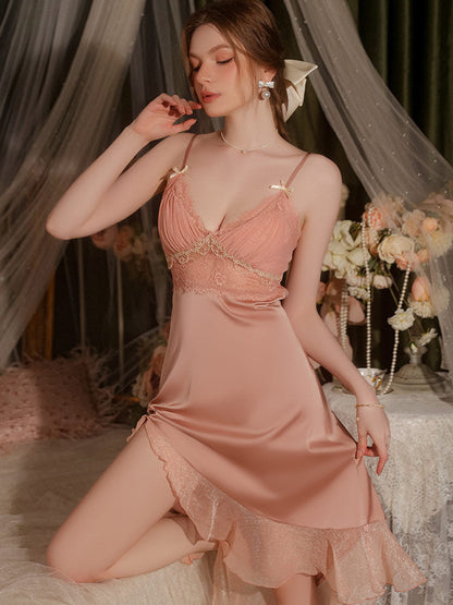 Sexy Embroidered Lace Backless Satin Nightgown Set
