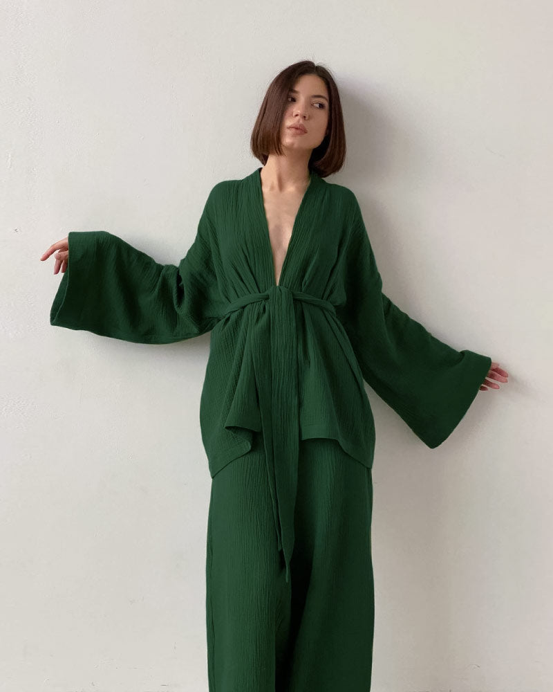 Loose-fit Line Gauze Pajama Bathrobe Set