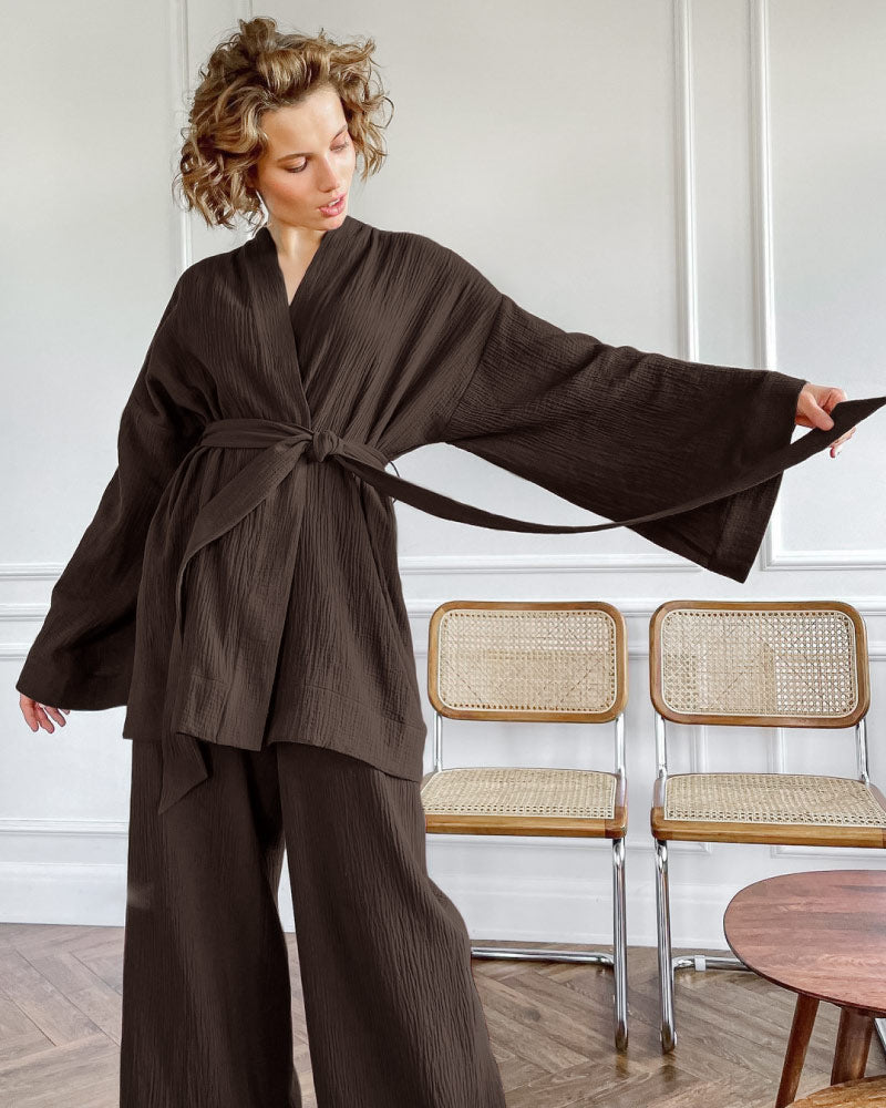 Loose-fit Line Gauze Pajama Bathrobe Set