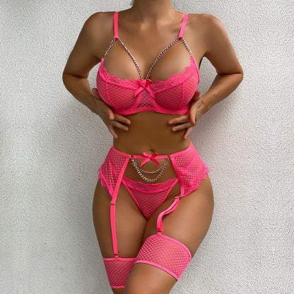 Sheer Mesh Lace & Chain Lingerie Garter Set