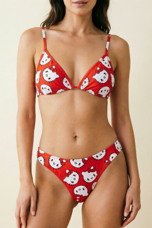 Halter Tie & Side Tie Cute Swimsuit Hello Kitty Print Triangle Bikini
