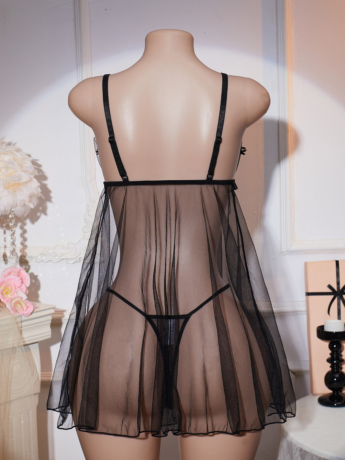 Black Sheer Mesh Babydoll Lingerie Deep V Lace Trim Strappy