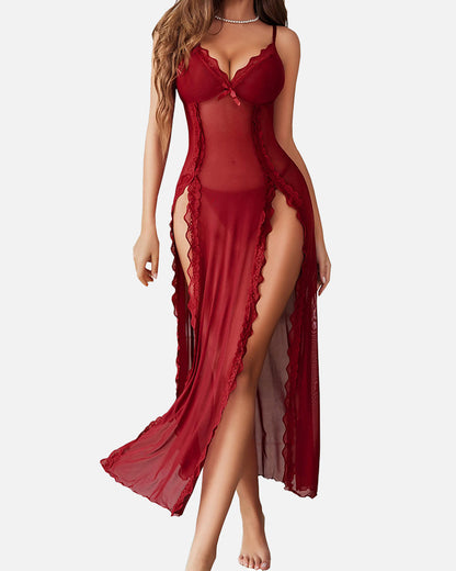 Luxurious Sexy Sleepwear Set Hollow-Out Diamond-Embellished Lace Blouse Mesh
