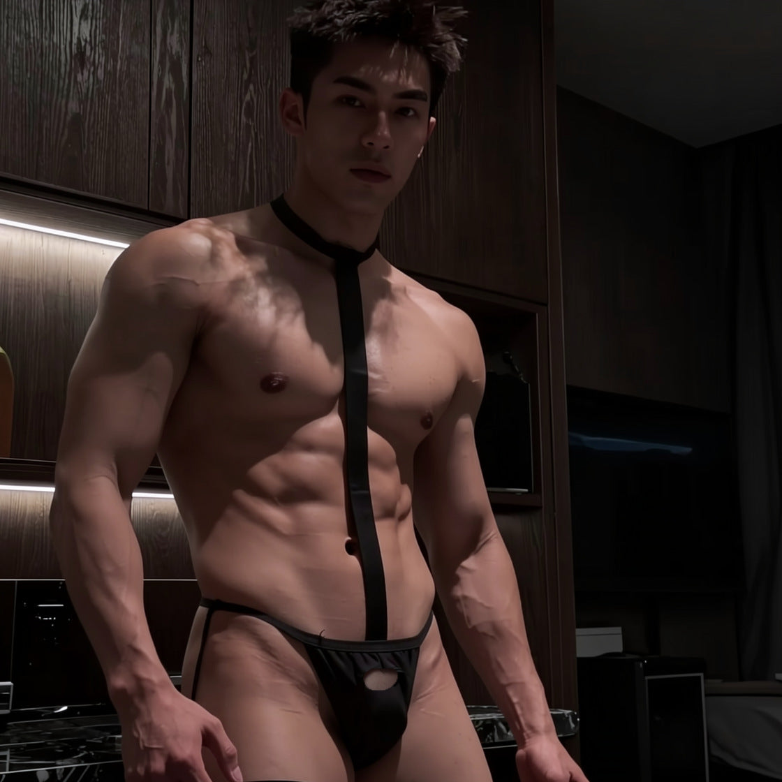 Men's Black Halter Necktie Style Thong with Leg Harness Ring Open Pouch Low Rise Lingerie Set