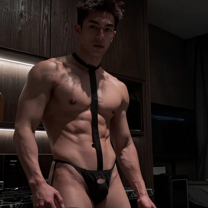 Men's Black Halter Necktie Style Thong with Leg Harness Ring Open Pouch Low Rise Lingerie Set