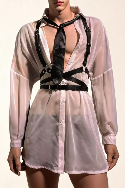 Men's Sheer Mesh Shirt with Leather Harness Choker See-Through Lingerie Top