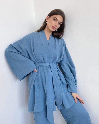 Loose-fit Line Gauze Pajama Bathrobe Set