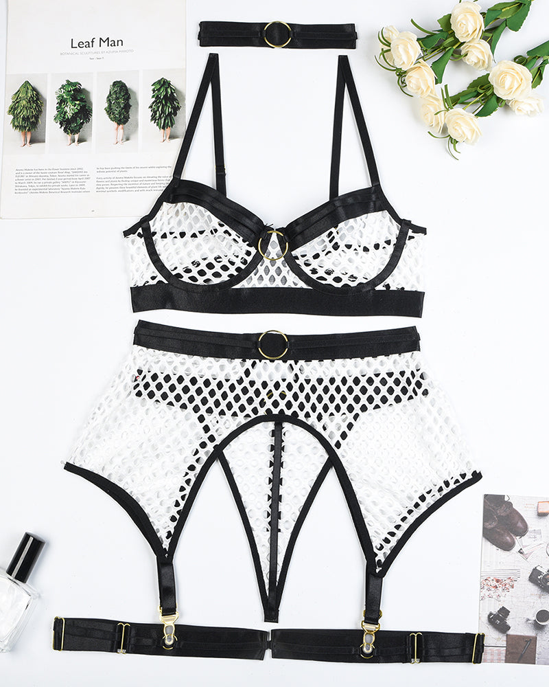 Fishnet Mesh Bra & Panty with Garter Belt