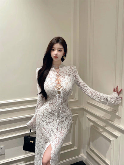 White Lace Maxi Dress Lace Up High Neck Sheer Long Sleeve Lingerie Gown