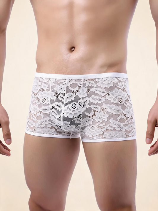 Men's Sheer Floral See Through Underwear Sexy Lace Boxer Briefs