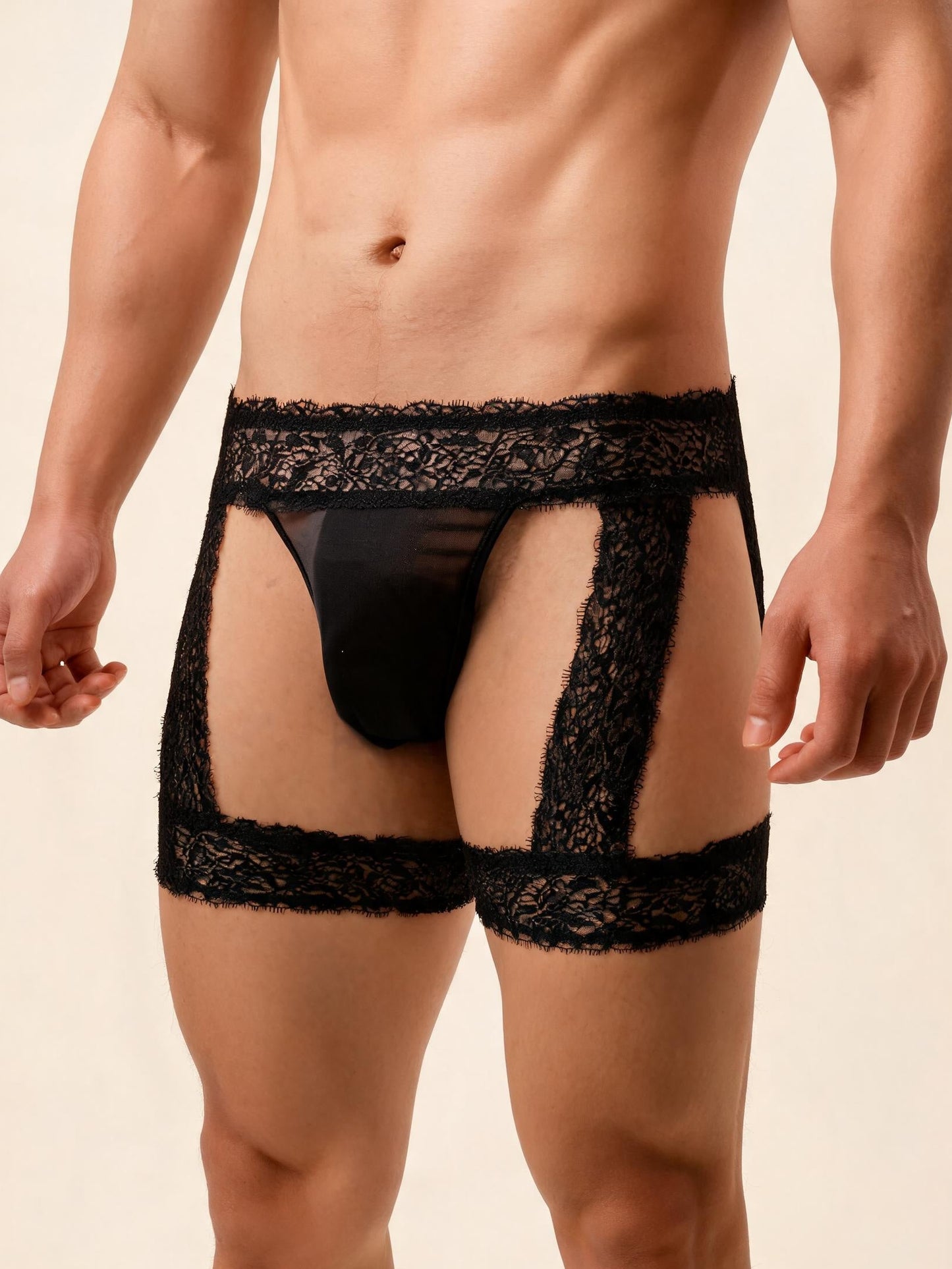 Men's Lace Tirm Bulge Pouch G-String Underwear with Garter